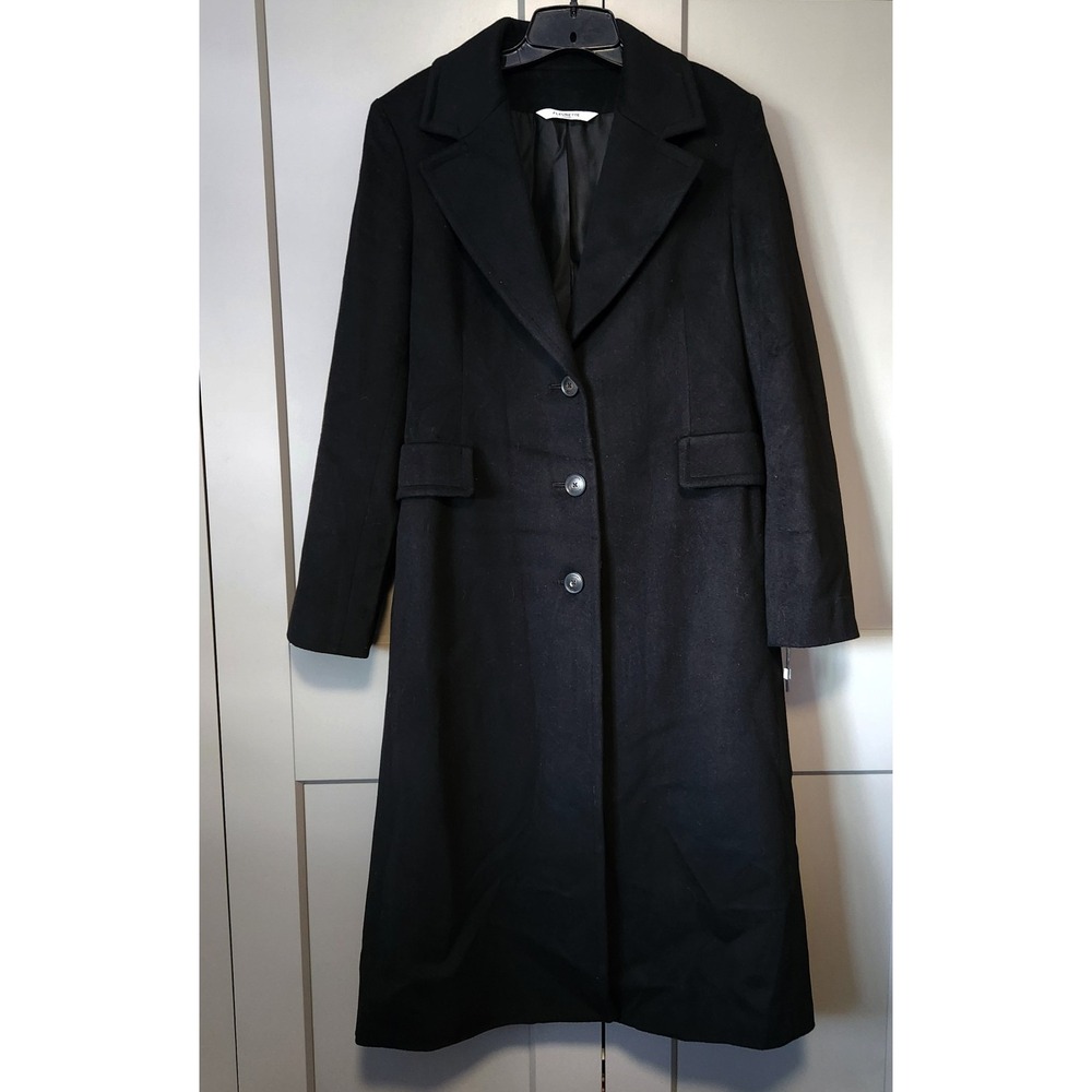 Fleurette Black Wool Long Trench Coat Women's Size 8 Made in USA Italian Fabric